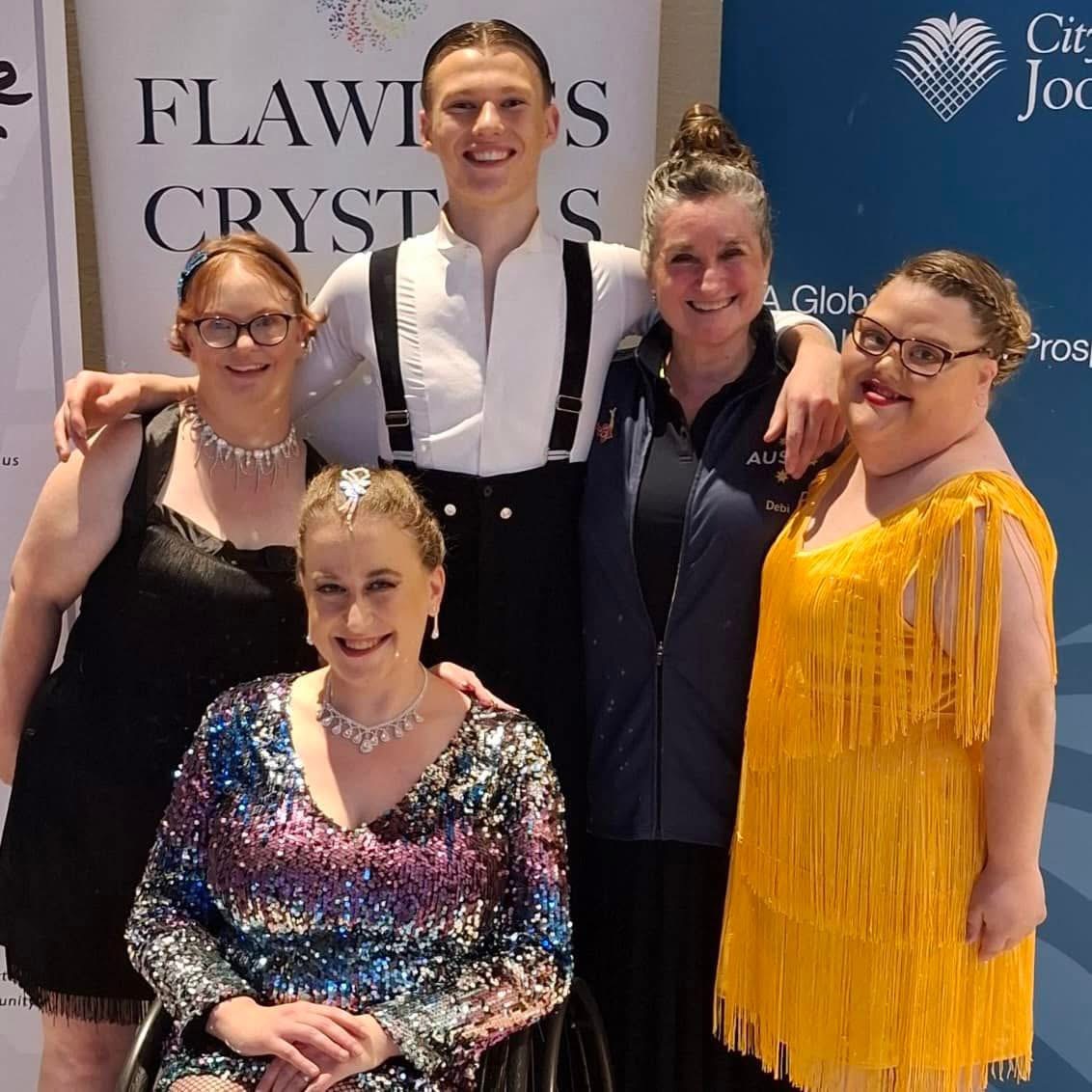 James Bardill withy his students Ashlea Armstrong, Danielle Stitfall, Deborah Hegarty, and Brook Canham at the 2023 Night of Stars National DanceSport Championship.