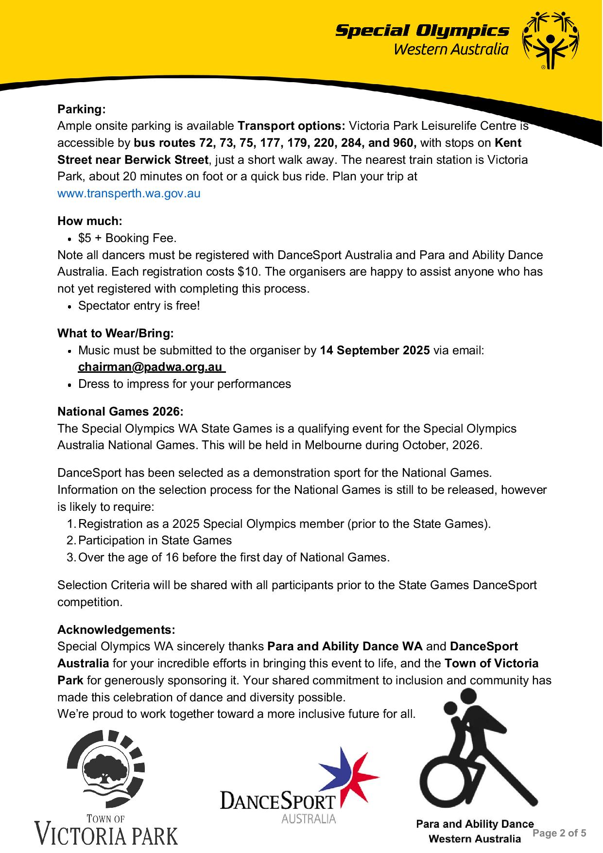 Special Olympics DanceSport WA State Games Information Pack